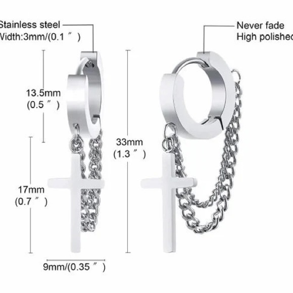 Mens Double Chain Cross Earring - Picture 8 of 9